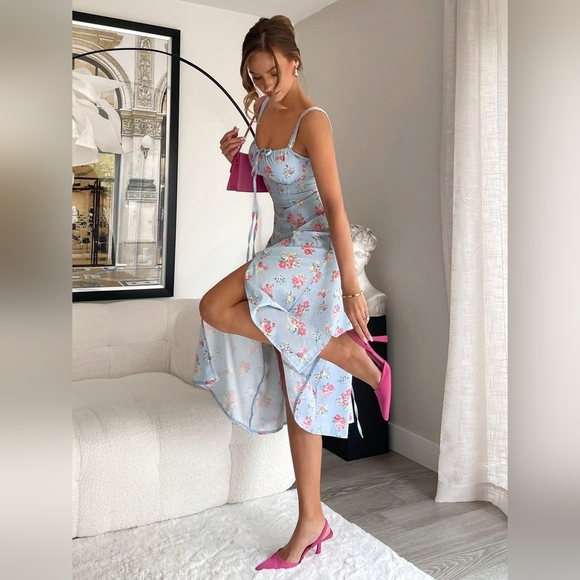 Vintage Garden Queue Patterned Square Neckline Sleeveless Ladies' Dress With Flo - Picture 2 of 6